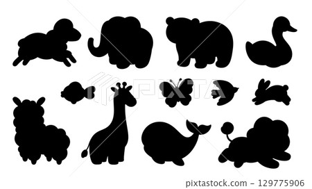 Animal black silhouettes. Isolated animals templates for wall stickers, design. Giraffe elephant sheep bear swan fish butterfly. Decorations vector set 129775906
