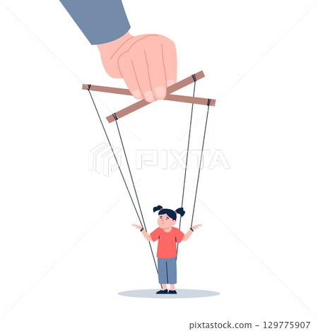 Adult person manipulating little girl. Manipulation of children behavior and consciousness, raising convenient child. Kid tied with ropes to hand, live puppet vector scene 129775907