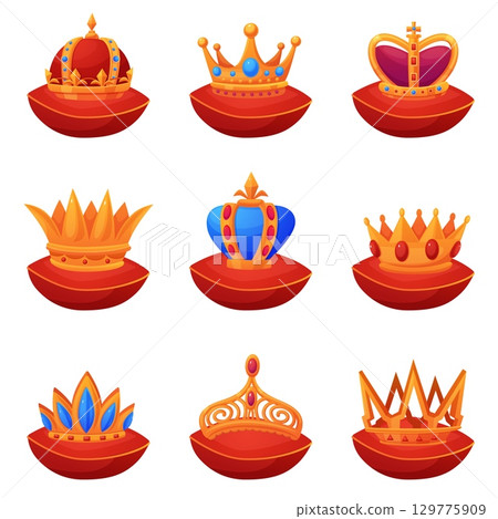 Crowns on pillows. Golden king princess queen crown on red pillow. Isolated royal symbols, ceremonial traditional kingdom items, nowaday vector set Crowns on pillows. Golden king princess queen crown on red pillow. Isolated royal symbols, ceremonial traditional kingdom items, nowaday vector set 129775909