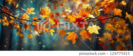 Beautiful autumn leaves shining in the autumn sunlight 129775915