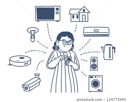 People smart home concept. Iot digital smart technologies, remote control of house appliances via smartphone. Use devices recent vector concept 129775940