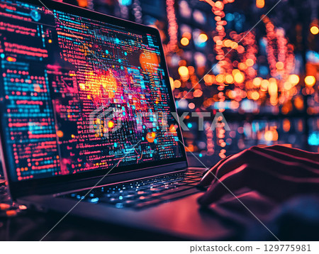 Hands typing on laptop with programming code on screen background. AI Generated. 129775981