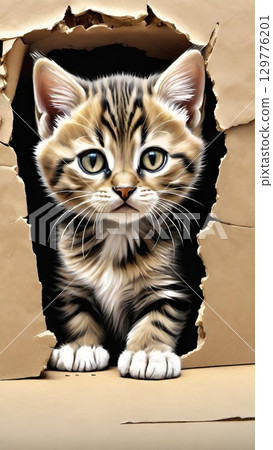 Cute kitten illustration peeking through torn cardboard hole 129776201