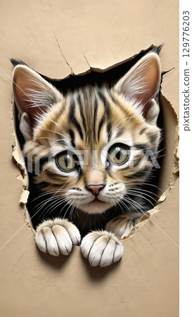 Cute kitten illustration peeking through torn cardboard hole Cute kitten illustration peeking through torn cardboard hole 129776203