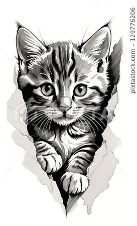 Cute kitten illustration peeking through torn cardboard hole 129776206
