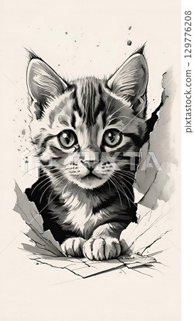 Cute kitten illustration peeking through torn cardboard hole 129776208