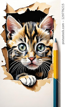 Cute kitten illustration peeking through torn cardboard hole Cute kitten illustration peeking through torn cardboard hole 129776215