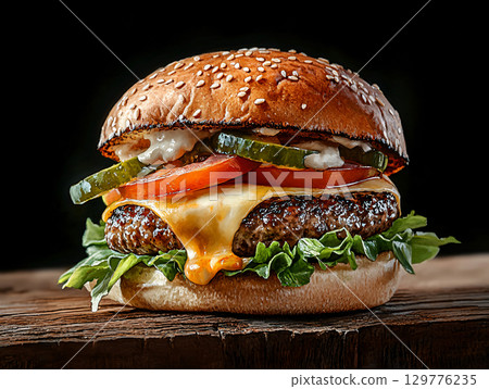 Salad cheese burger with black background. AI Generated. 129776235