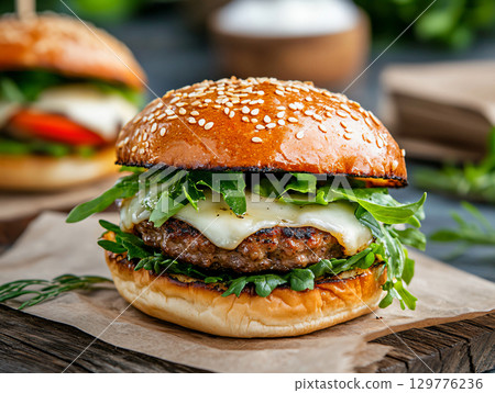 Big juicy hamburger on a wooden board with lettuce. Homemade burgers. AI Generated. 129776236