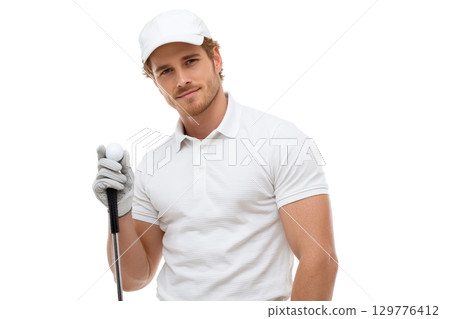 AI-generated item. Male golfer in a white polo shirt and cap, holding a golf club and ball. 129776412