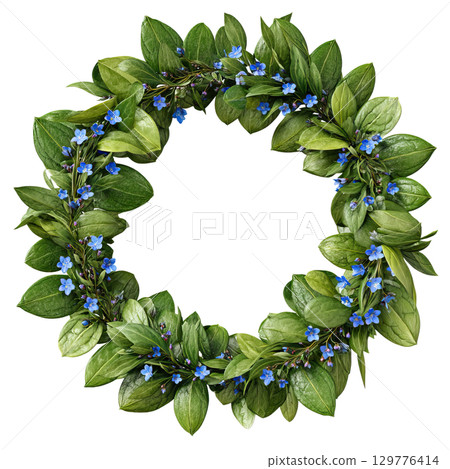 AI-generated item. A green wreath with delicate blue flowers and lush leaves. 129776414