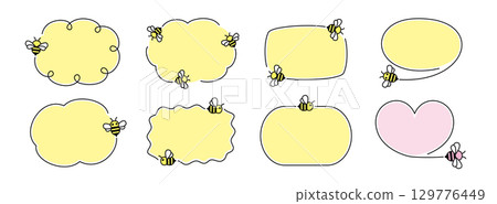 一組飛翔的蜜蜂卡通畫。可愛的蜜蜂角色。簡單的虛線和蜜蜂插圖。 129776449