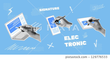 Electronic signature. Realistic hand signing digital document, online deal sign law contract in computer laptop phone or tab halftone collage creative design vector illustration 129776533