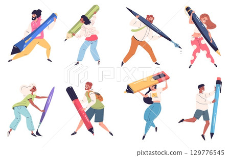 People hold pen. Tiny person write big pencil, draw giant paintbrush student holding large brush marker designer copywriter digital artist editor painter classy vector illustration People hold pen. Tiny person write big pencil, draw giant paintbrush student holding large brush marker designer copywriter digital artist editor painter classy vector illustration 129776545