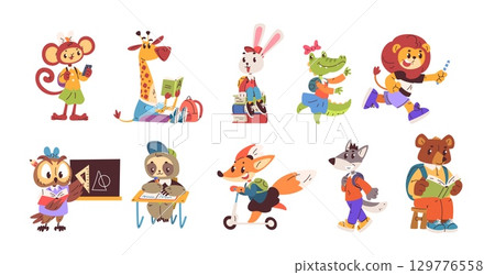 Animals students. Cartoon smart animal back to school student education, cute teacher funny baby rabbit in glasses bear read book study zoo characters, classy vector illustration Animals students. Cartoon smart animal back to school student education, cute teacher funny baby rabbit in glasses bear read book study zoo characters, classy vector illustration 129776558