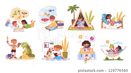 Children read books. Kids readers open book, preschool school student learn read textbook fiction storybook smart boy girl child literature home library, classy vector illustration 129776560