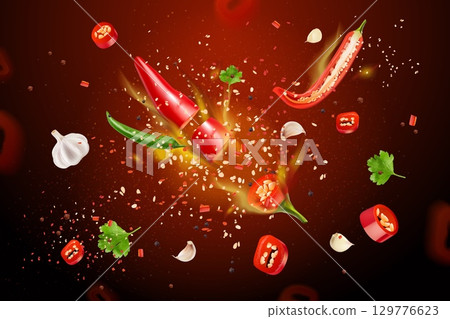 Realistic hot chili pepper. Red spicy peppers fly ad banner background, mexican chilli spice seasoning fire powder blast cayenne seeds paprika vegetable, exact vector illustration 129776623
