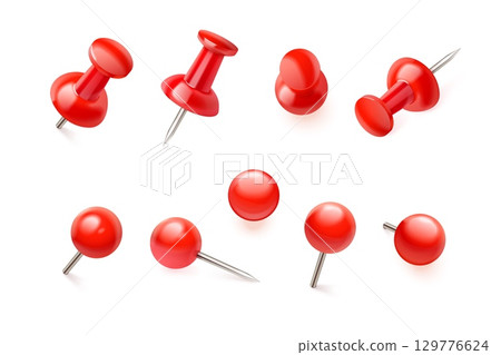 Realistic red pins. 3d push pin, thumbtack for cork board or paper map point pushpin thumb tack needle notes attach school office notice tag, set isolated exact vector illustration Realistic red pins. 3d push pin, thumbtack for cork board or paper map point pushpin thumb tack needle notes attach school office notice tag, set isolated exact vector illustration 129776624