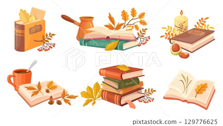 Autumn books reading. Fall read book concept, reader hobby cozy home library school education textbook dictionary encyclopedia with autumn leaves, cartoon neat vector illustration 129776625