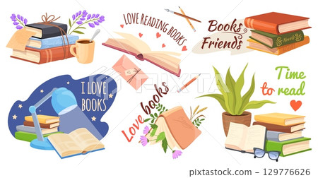 Love books reading. Cartoon book pile for read, cozy home library reader hobby concept textbook stack encyclopedia study literature academic education, neat vector illustration 129776626