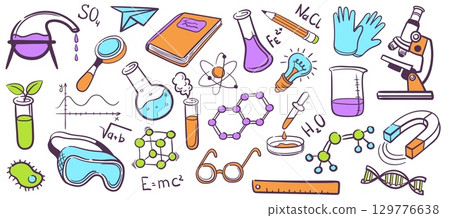 Doodle chemistry tools. Science lab chemical equipment stickers, scientific research elements school biology laboratory experiment elements, cartoon set neat vector illustration Doodle chemistry tools. Science lab chemical equipment stickers, scientific research elements school biology laboratory experiment elements, cartoon set neat vector illustration 129776638