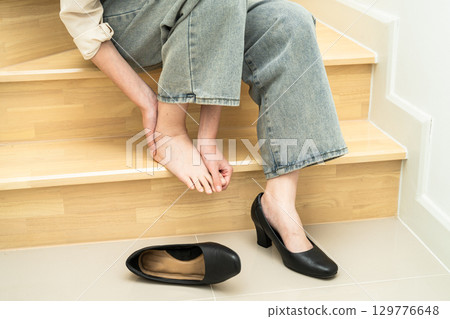Asian lady woman patient fall down the stairs because slippery surfaces 129776648