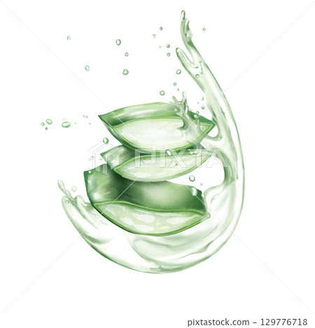 Illustration of aloe vera slices with water splash, symbolizing freshness and hydration, perfect for beauty and wellness designs. 129776718