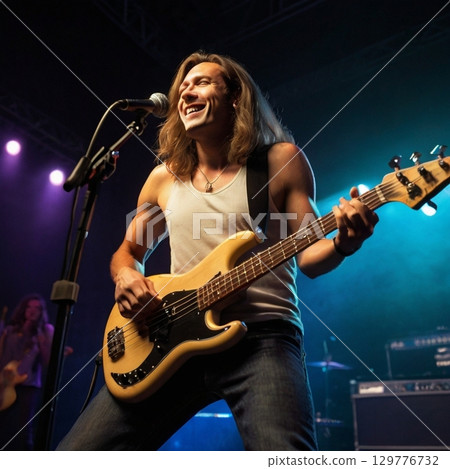 一位男貝斯手在舞台上跳舞 129776732