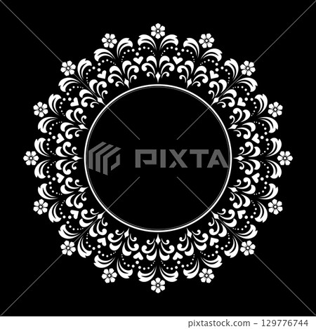 Decorative frame Elegant vector element for design in Eastern style, place for text. Floral black and white border. Lace illustration for invitations and greeting cards. 129776744