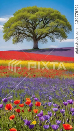 Colorful flower field with lavender, poppies, and a big tree at sunset. Colorful flower field with lavender, poppies, and a big tree at sunset. 129776792