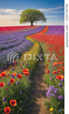 Colorful flower field with lavender, poppies, and a big tree at sunset. Colorful flower field with lavender, poppies, and a big tree at sunset. 129776795