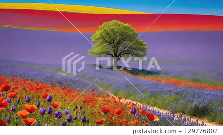Colorful flower field with lavender, poppies, and a big tree at sunset. Colorful flower field with lavender, poppies, and a big tree at sunset. 129776802