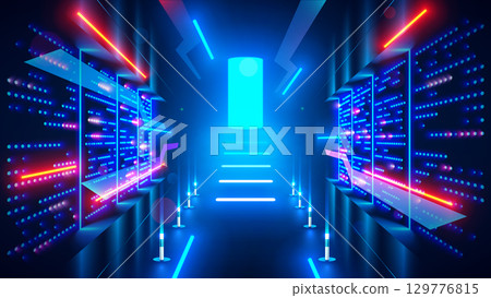 Abstract door in tunnel with digital data center light signals. Future computer technology concept of cyber gate in cyberspace or metaverse. Fantasy cyber door or portal in data center. Tech banner. 129776815
