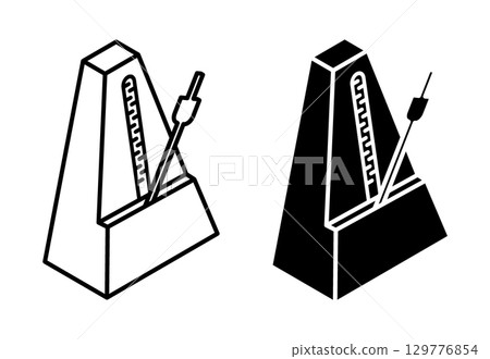 Linear icon, isometric metronome device marks short intervals of time with regular sound beats aerial view. Simple black and white top view vector isolated on white background Linear icon, isometric metronome device marks short intervals of time with regular sound beats aerial view. Simple black and white top view vector isolated on white background 129776854