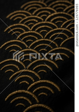 Gold Seigaiha Embroidery Pattern On Black Fabric 129776993