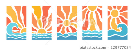 Sun rays and sea beach psychedelic background. Wavy rays in boho groovy style. Abstract yellow sun burst poster. Nature texture. 70s, 80s design. Vector illustration isolated on white background Sun rays and sea beach psychedelic background. Wavy rays in boho groovy style. Abstract yellow sun burst poster. Nature texture. 70s, 80s design. Vector illustration isolated on white background 129777024