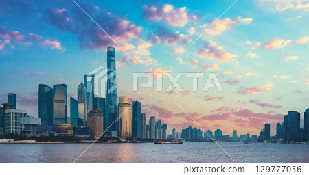 Stunning Skyline View of Shanghai's Modern Architecture at Dusk and Dawn. Shanghai, China Stunning Skyline View of Shanghai's Modern Architecture at Dusk and Dawn. Shanghai, China 129777056