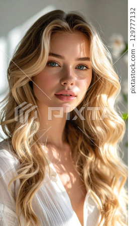 beautiful blonde woman in white dress 129777132