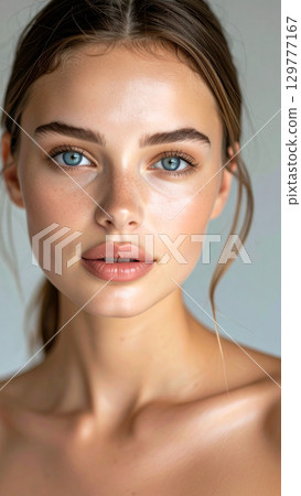 beautiful young woman with bare shoulders 129777167