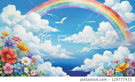 A stunning digital painting of a rainbow arcing across a sky filled with fluffy clouds and a foreground of vibrant wildflowers. 129777433