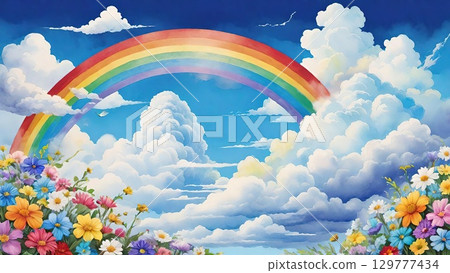 A stunning digital painting of a rainbow arcing across a sky filled with fluffy clouds and a foreground of vibrant wildflowers. 129777434