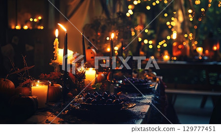 A Halloween party with dark lighting, candles, and spooky decorations . 129777451