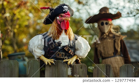 A chicken in a pirate costume perched on a wooden fence next to a scarecrow . 129777494
