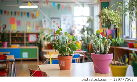 A classroom filled with potted plants and cheerful colors, ready for the first day of school . 129777502