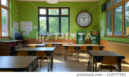 A classroom with a large clock on the wall, marking the start of the new school year . 129777503