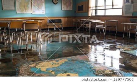 A classroom with warped floors, mold on maps, and water stains . 129777505