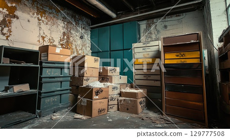 A community center storage room with mildew-covered boxes . 129777508