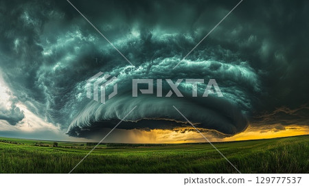A dark sky filled with swirling, ominous clouds and a distant thunderstorm . 129777537