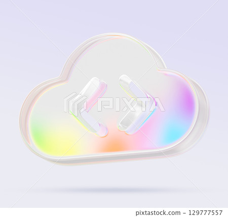 Glass holographic cloud programming with html code tag 3d render icon. Cloud IDE with pearlescent rainbow gradient. Platform for software development in internet, test and deploy app. 3D illustration 129777557
