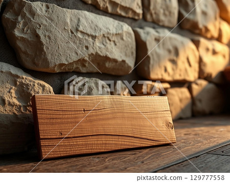 Rustic Wood Plank Against Textured Stone Wall 129777558